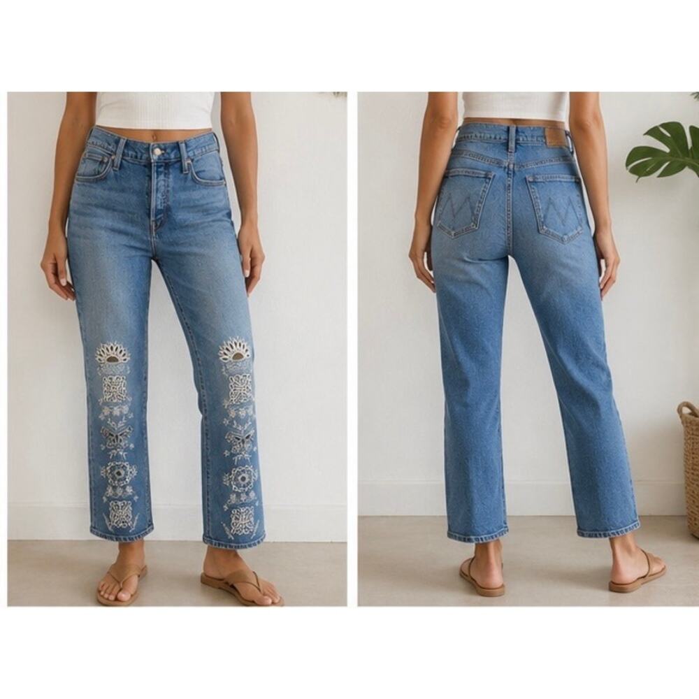 NWOT MOTHER Mid Rise Hiker Hover Floral Embroidered Jeans Tequila Sunset 26” - Picture 3 of 12